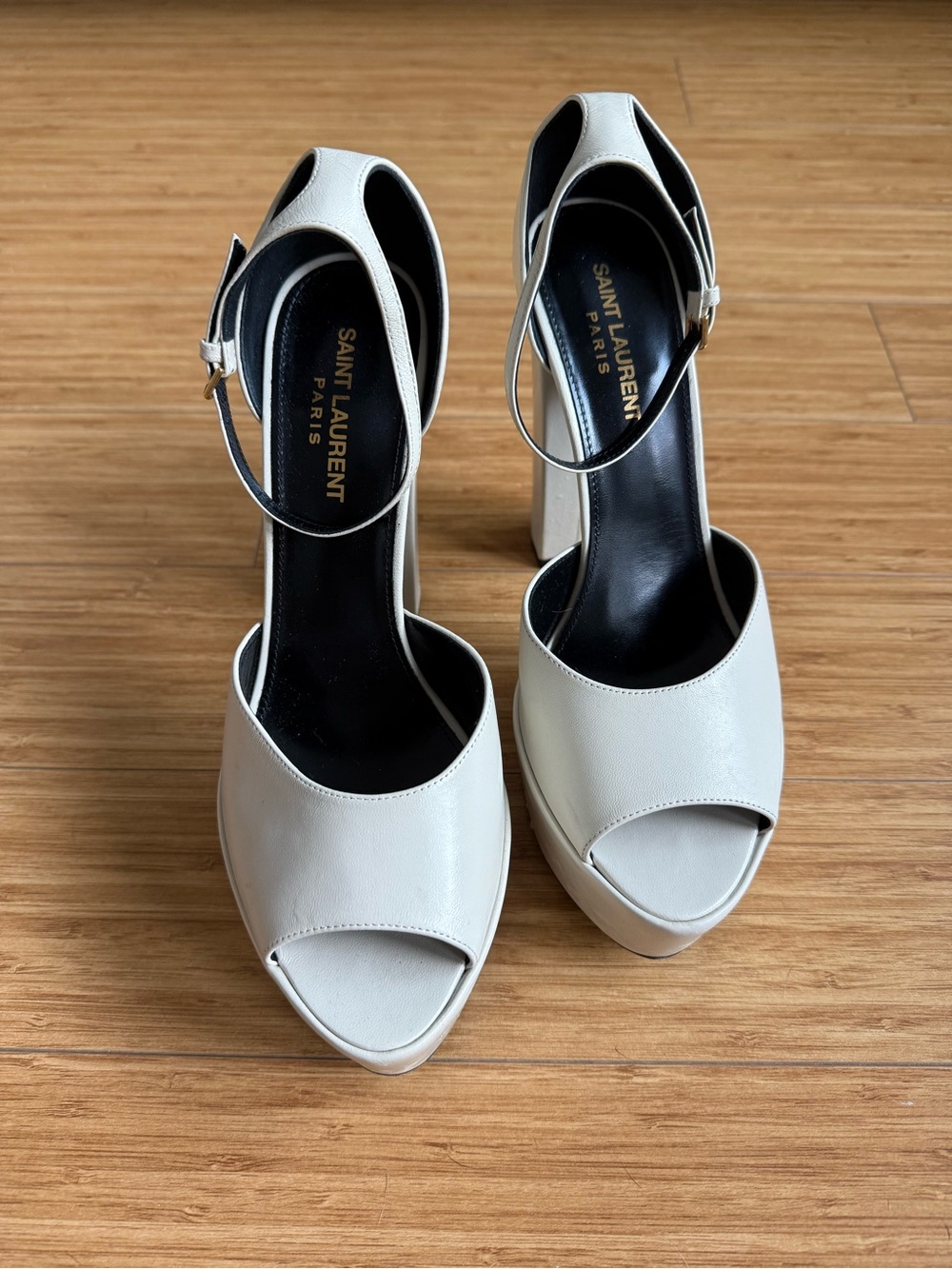 Saint Laurent Cream Leather Platform Peep-Toe Sandals